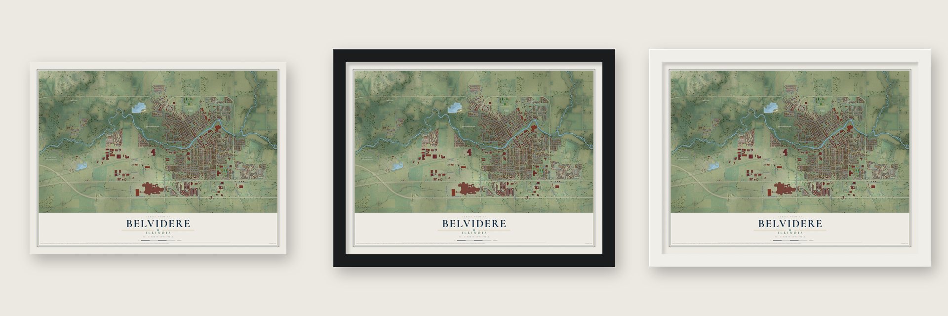Belvidere, Illinois map unframed, in a black wood frame and in a white wood frame
