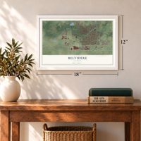 Belvidere, Illinois map, 12 x 18 inch print in a white frame in an entryway