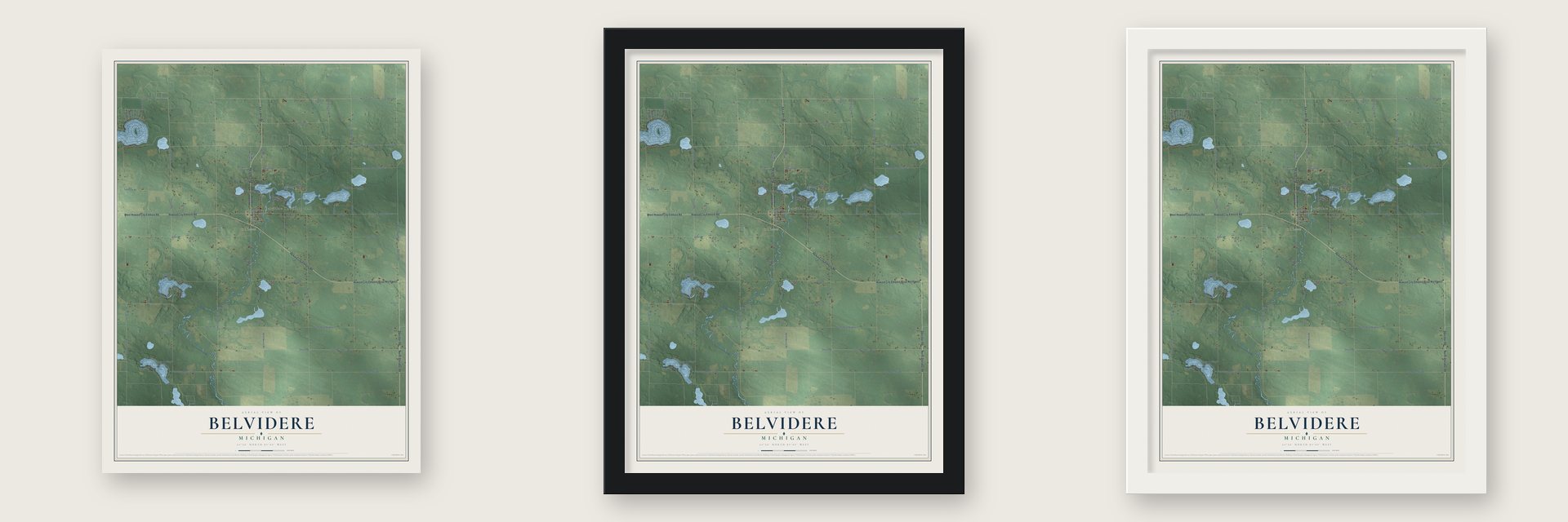 Belvidere, Michigan map unframed, in a black wood frame and in a white wood frame