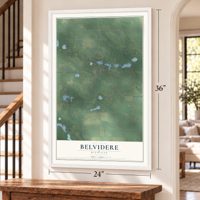 Belvidere, Michigan map, 24 x 36 inch print in a white frame by a staircase