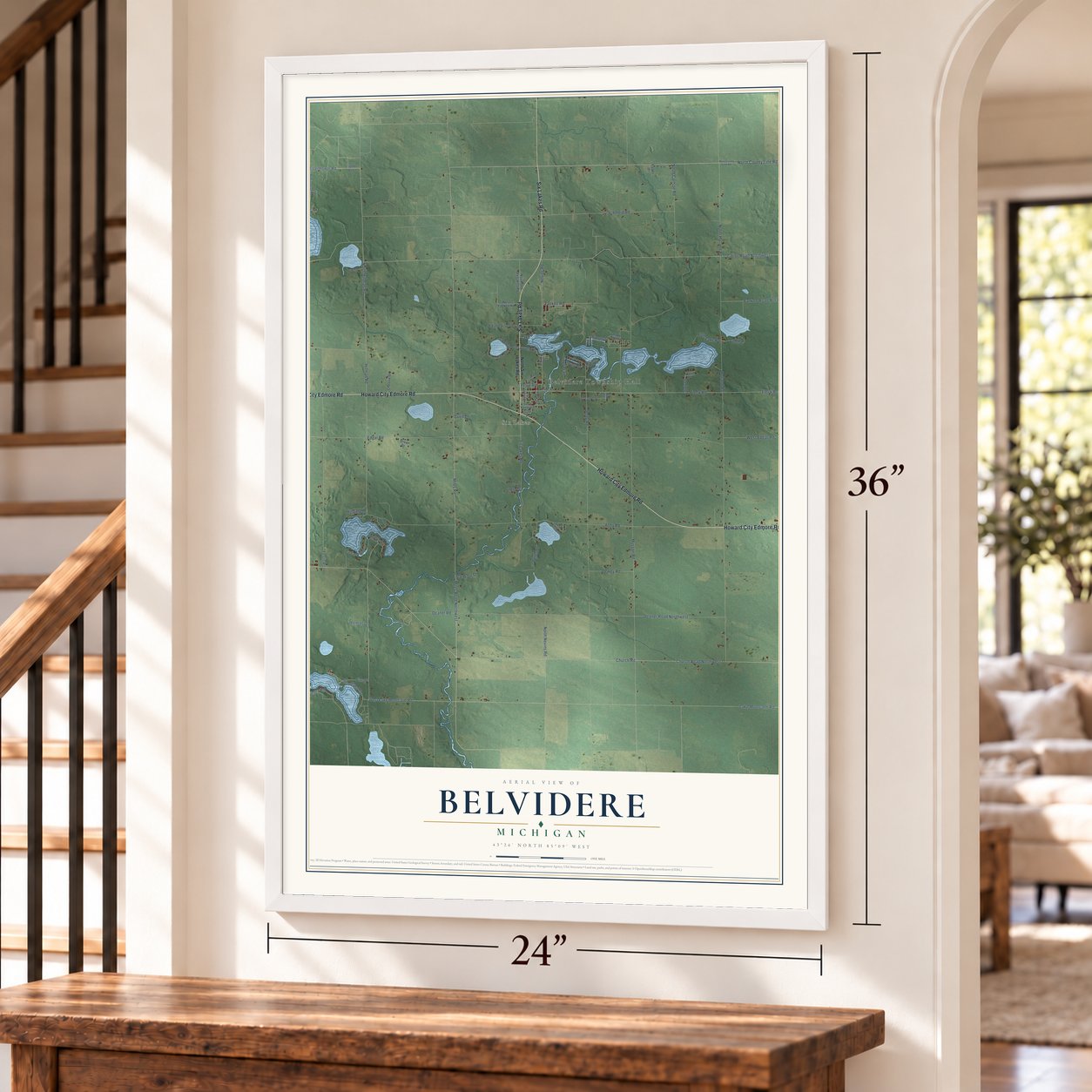 Belvidere, Michigan map, 24 x 36 inch print in a white frame by a staircase