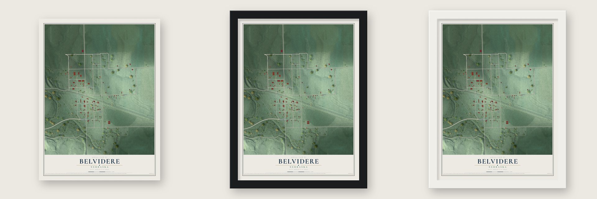 Belvidere, Nebraska map unframed, in a black wood frame and in a white wood frame