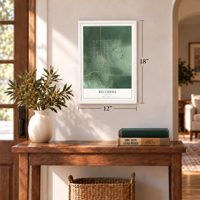 Belvidere, Nebraska map, 12 x 18 inch print in a white frame in an entryway