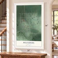 Belvidere, Nebraska map, 24 x 36 inch print in a white frame by a staircase