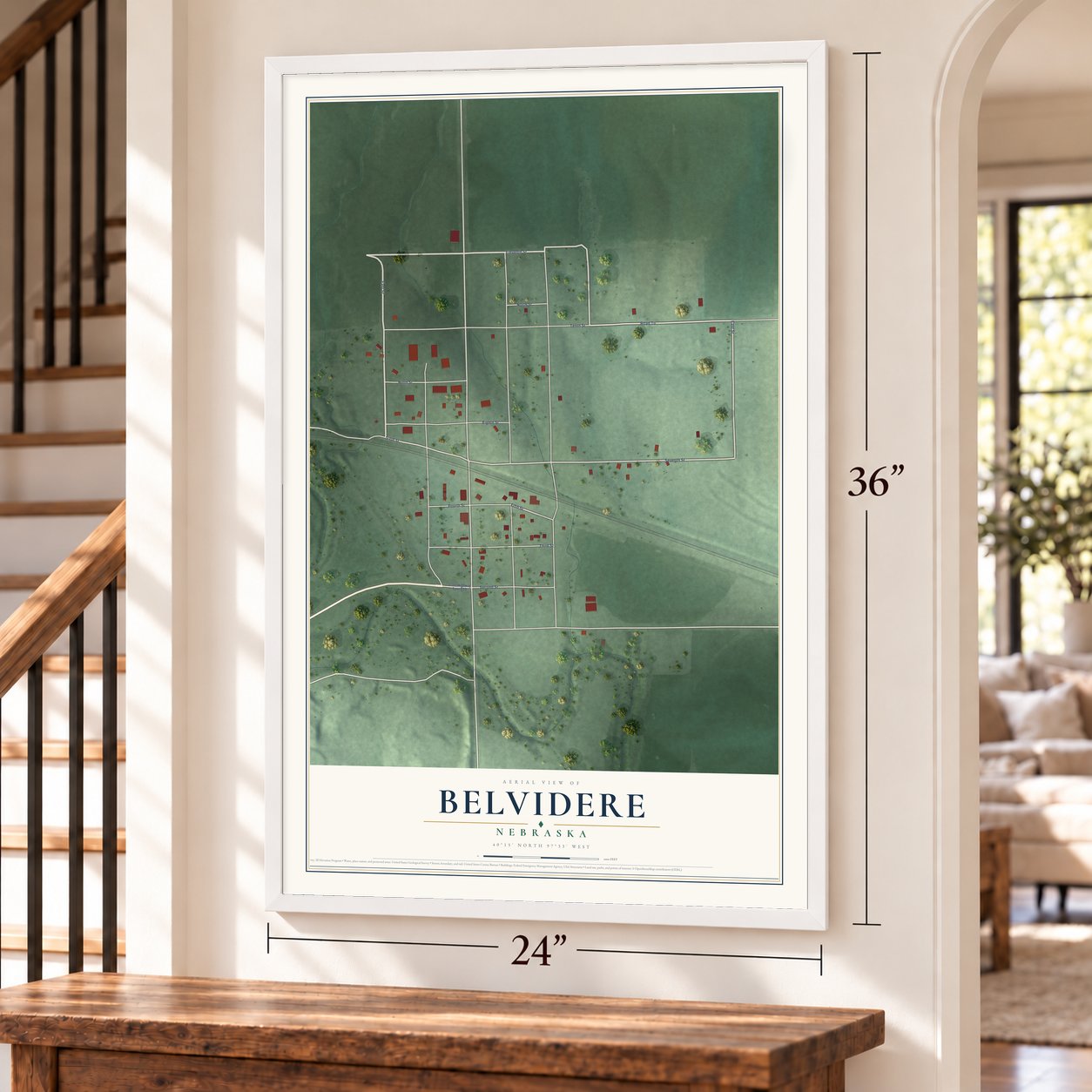 Belvidere, Nebraska map, 24 x 36 inch print in a white frame by a staircase