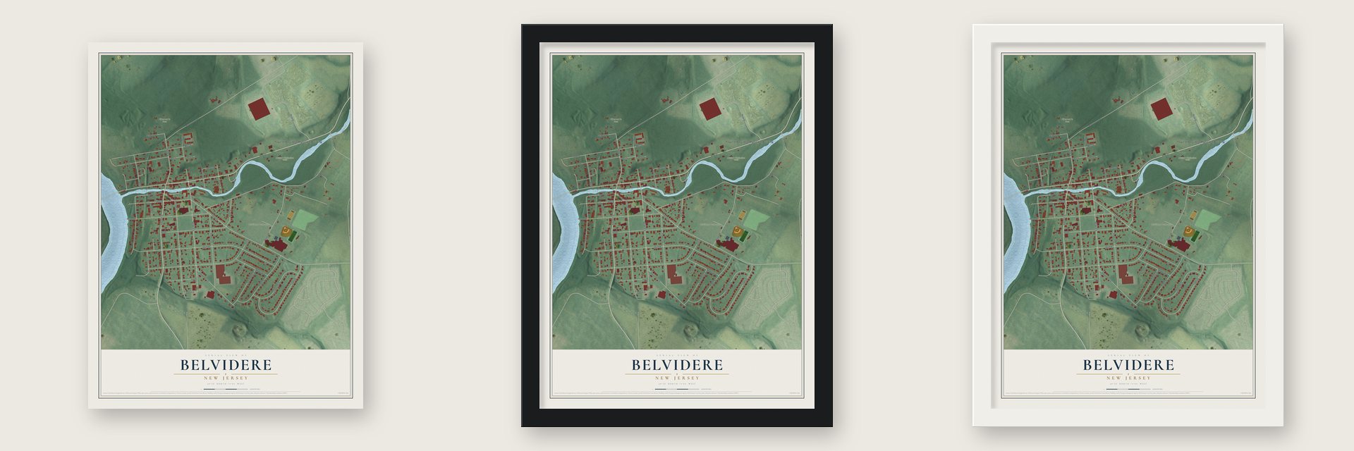 Belvidere, New Jersey map unframed, in a black wood frame and in a white wood frame