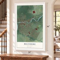 Belvidere, New Jersey map, 24 x 36 inch print in a white frame by a staircase