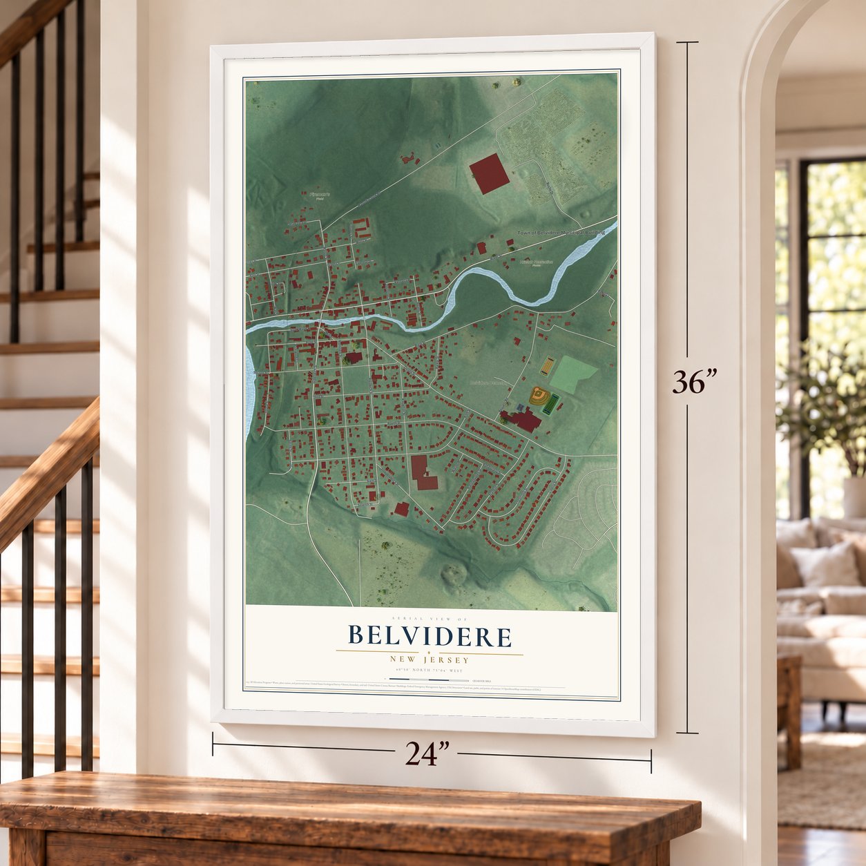 Belvidere, New Jersey map, 24 x 36 inch print in a white frame by a staircase