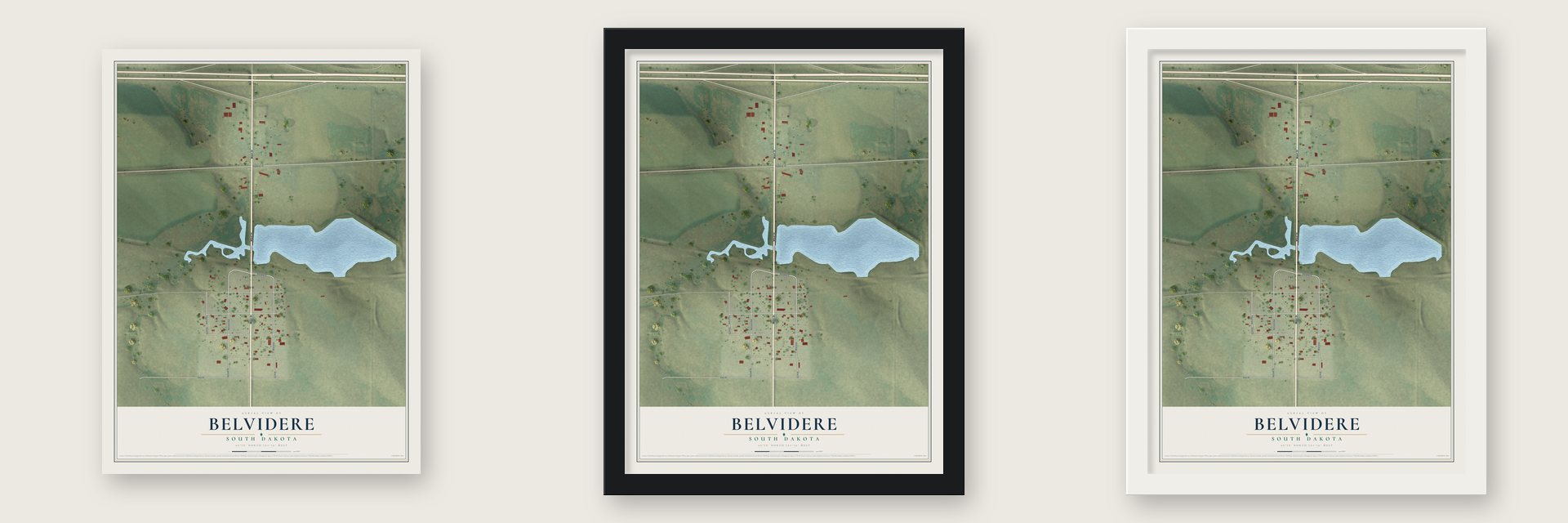 Belvidere, South Dakota map unframed, in a black wood frame and in a white wood frame