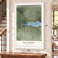 Belvidere, South Dakota map, 24 x 36 inch print in a white frame by a staircase
