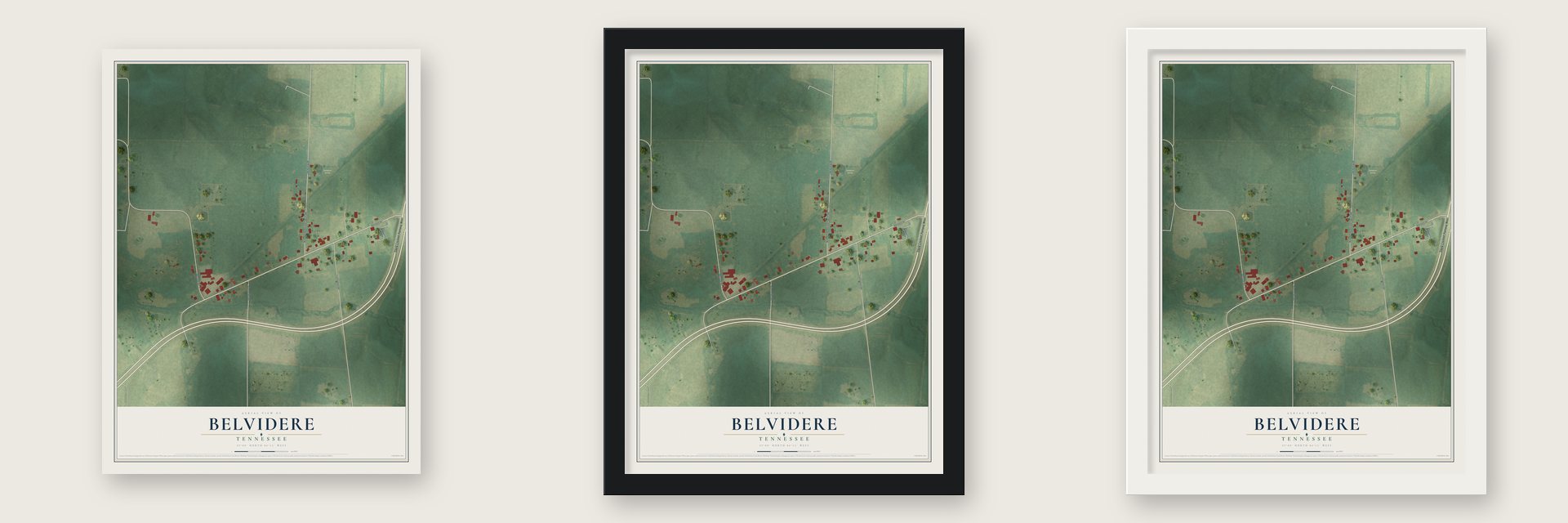 Belvidere, Tennessee map unframed, in a black wood frame and in a white wood frame