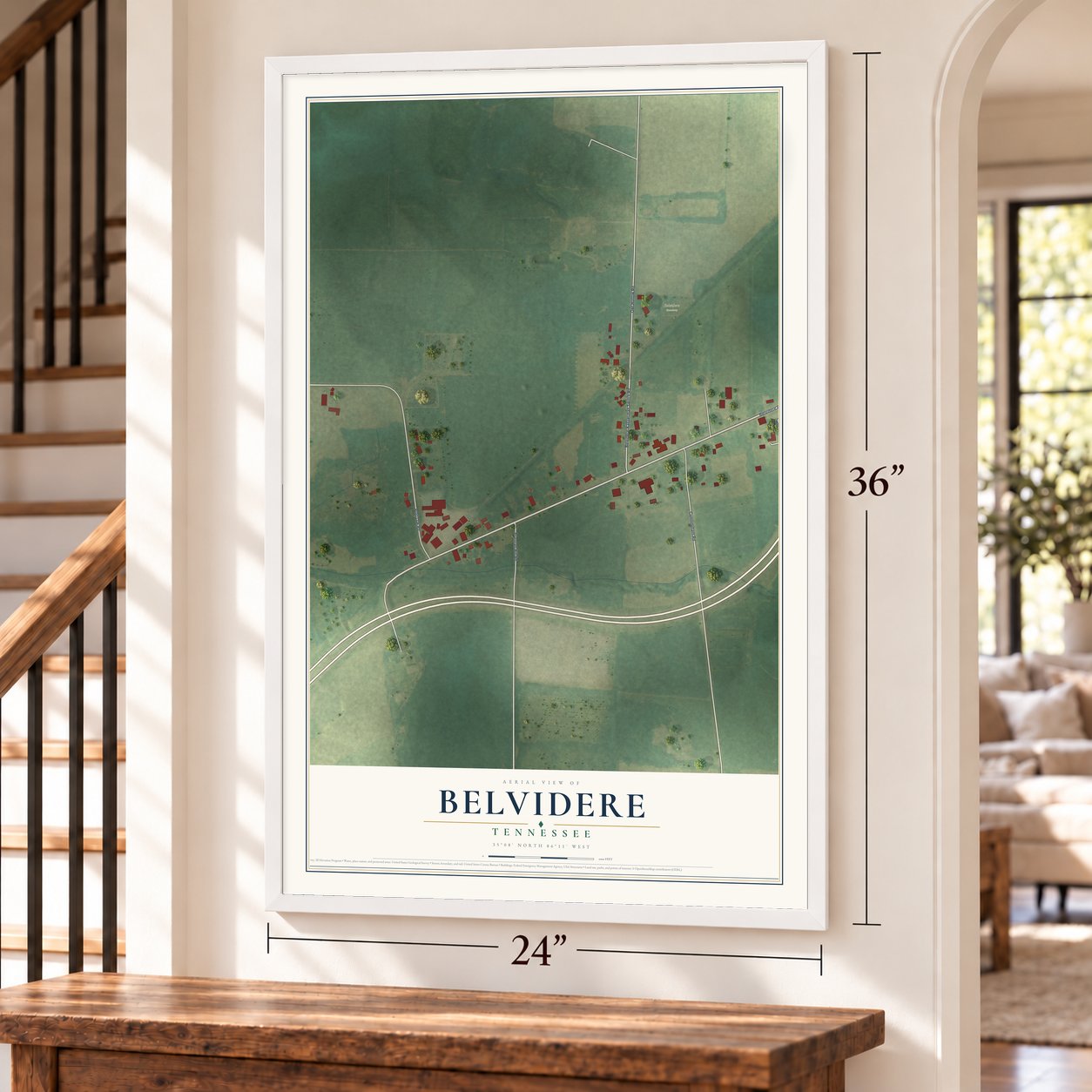 Belvidere, Tennessee map, 24 x 36 inch print in a white frame by a staircase
