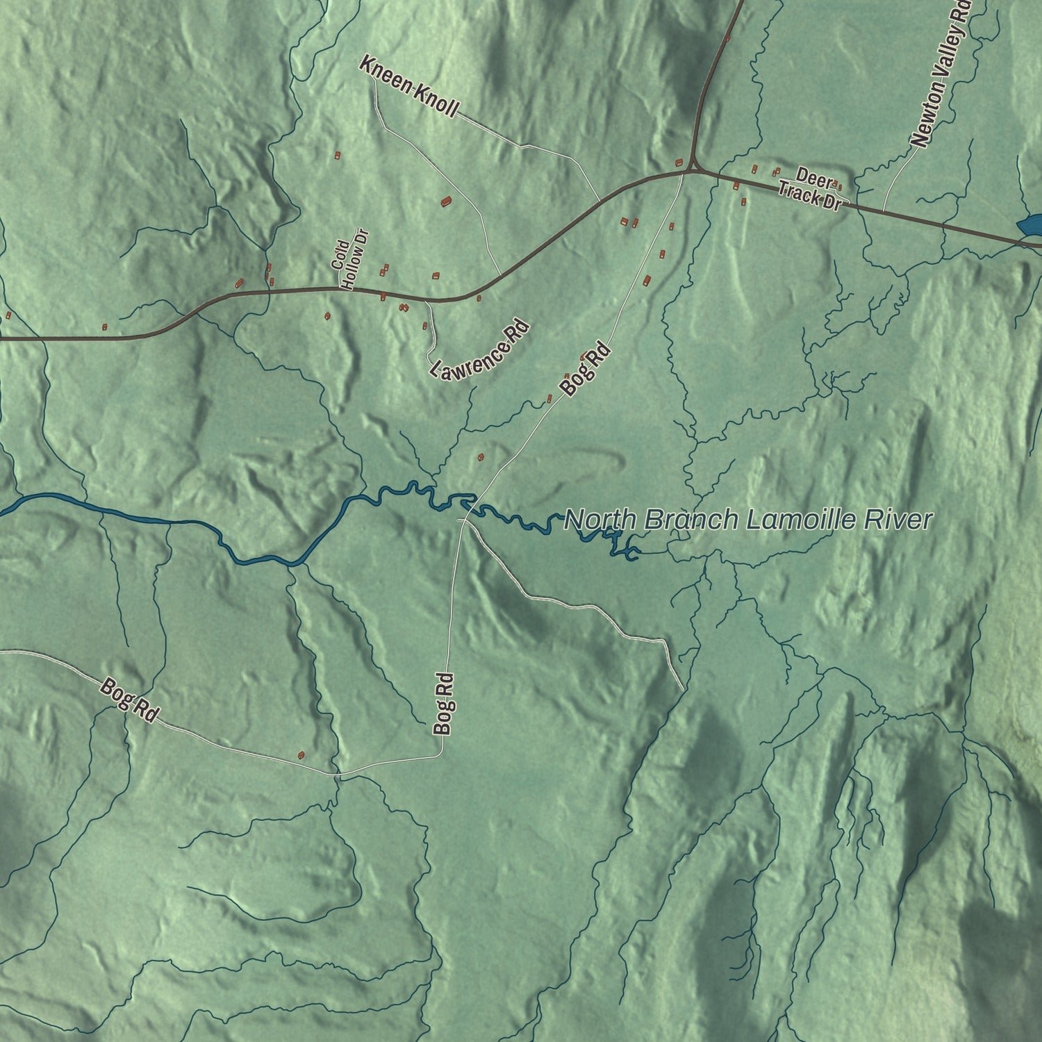 Close-up of the map of Belvidere, Vermont print showing terrain and local geography