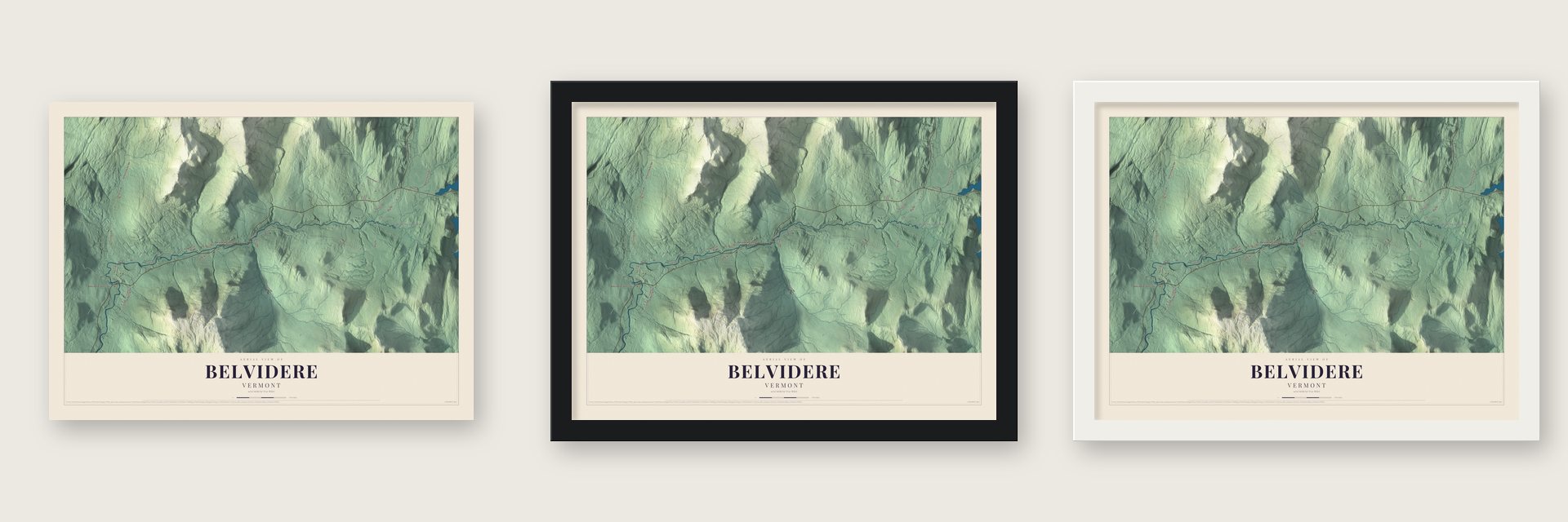 Belvidere, Vermont map unframed, in a black wood frame and in a white wood frame