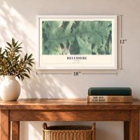 Belvidere, Vermont map, 12 x 18 inch print in a white frame in an entryway