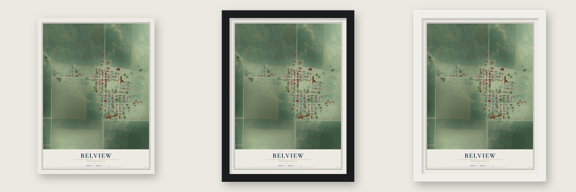 Belview, Minnesota map unframed, in a black wood frame and in a white wood frame