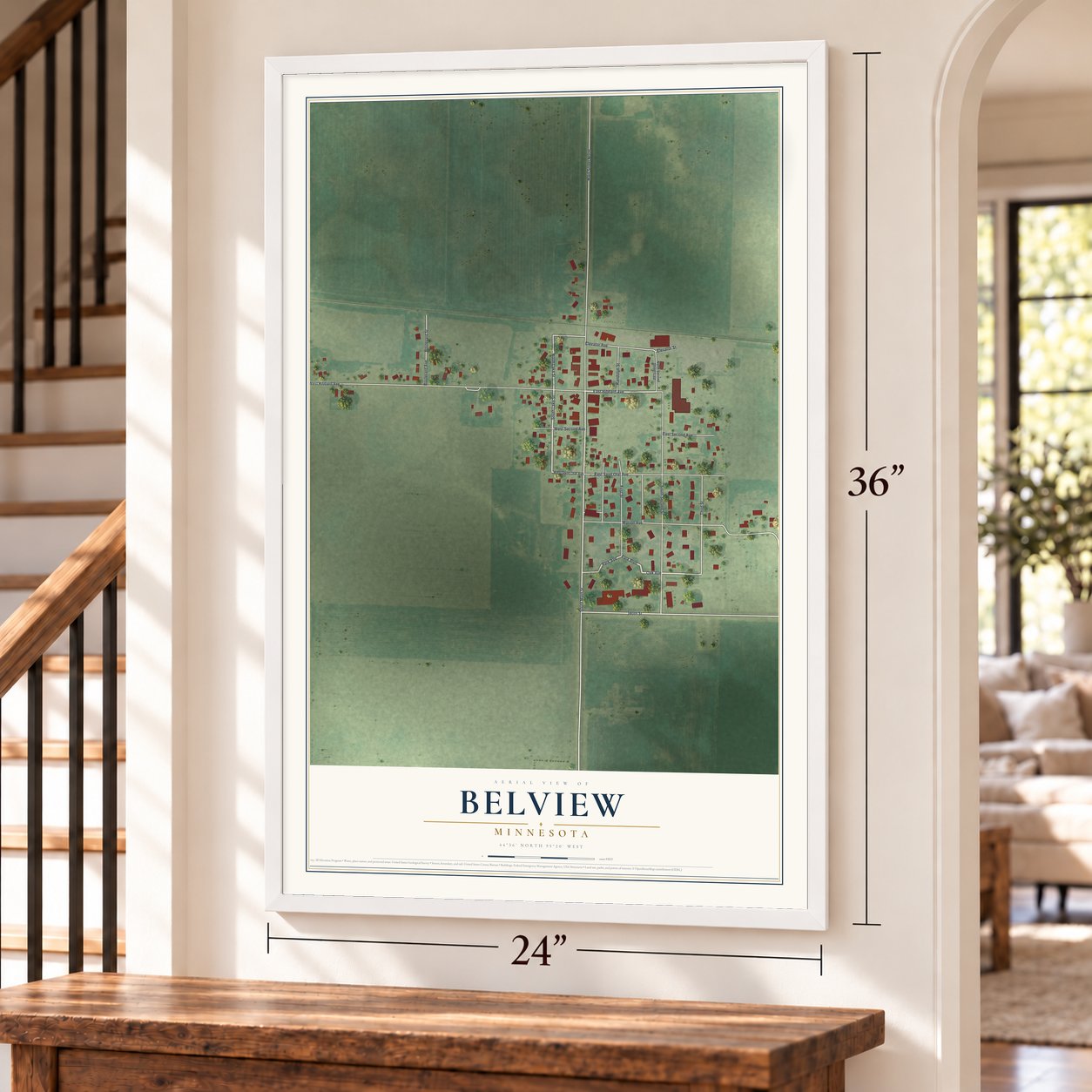 Belview, Minnesota map, 24 x 36 inch print in a white frame by a staircase