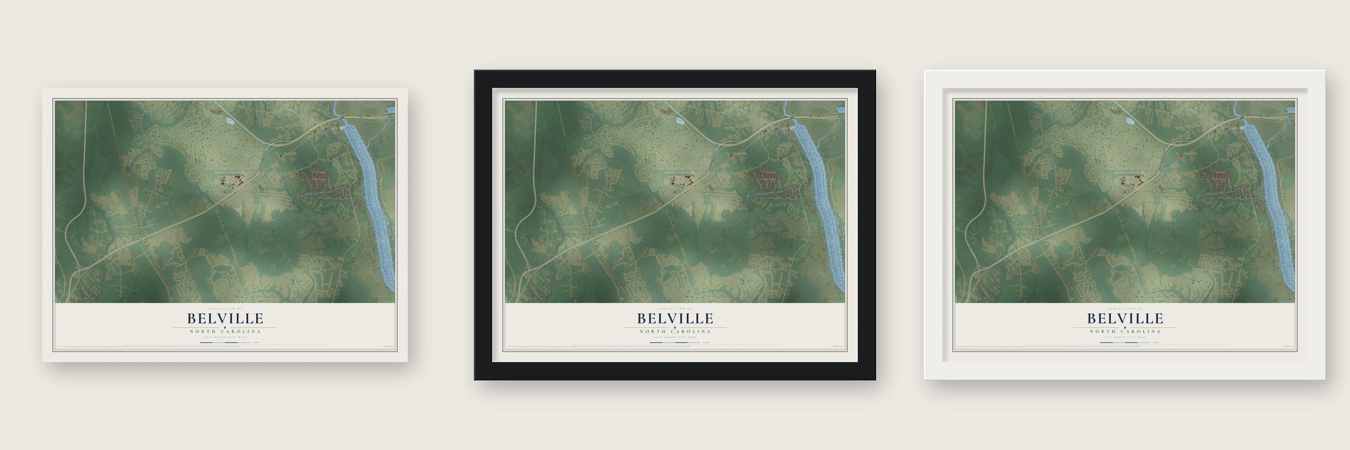 Belville, North Carolina map unframed, in a black wood frame and in a white wood frame