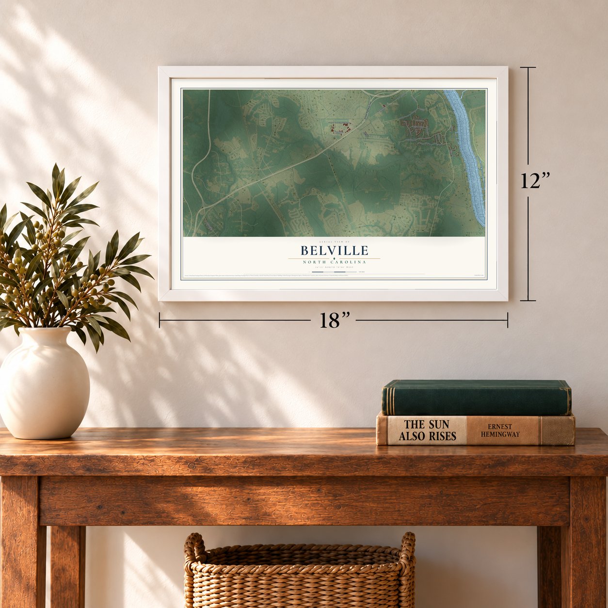 Belville, North Carolina map, 12 x 18 inch print in a white frame in an entryway