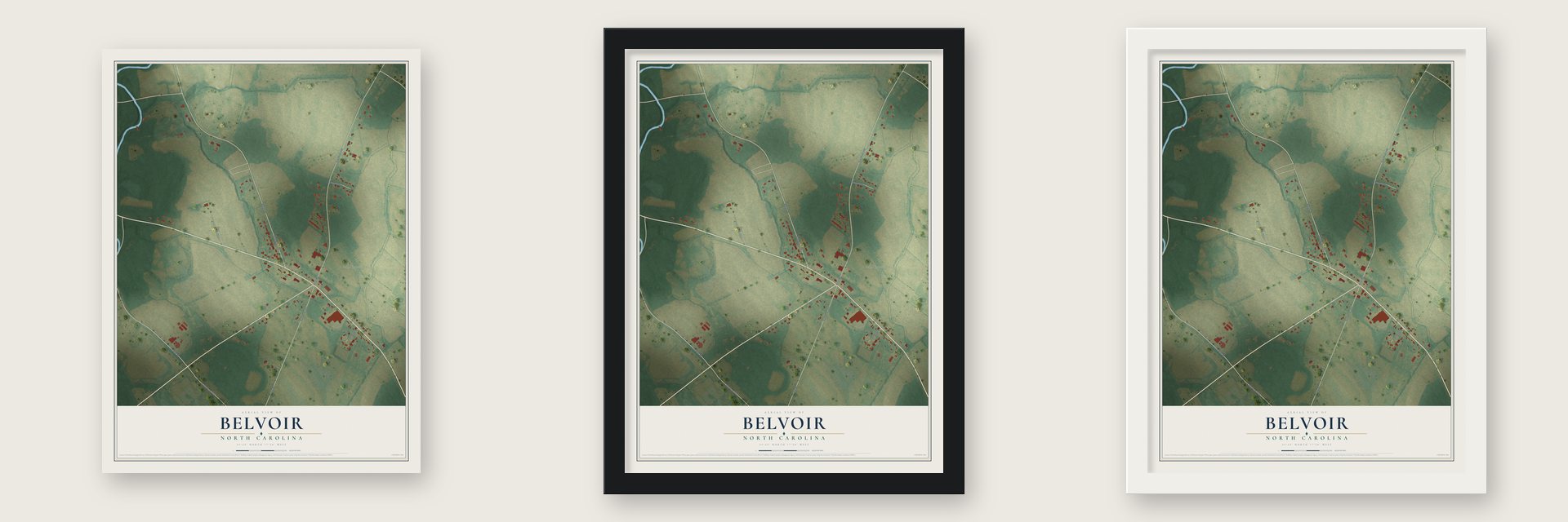 Belvoir, North Carolina map unframed, in a black wood frame and in a white wood frame