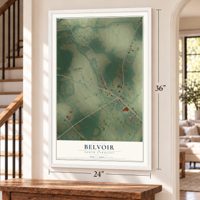 Belvoir, North Carolina map, 24 x 36 inch print in a white frame by a staircase