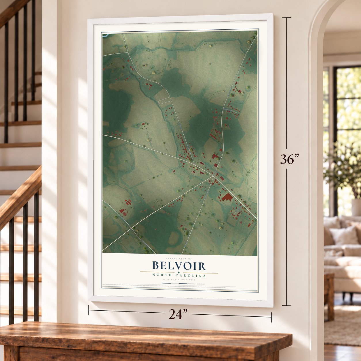 Belvoir, North Carolina map, 24 x 36 inch print in a white frame by a staircase