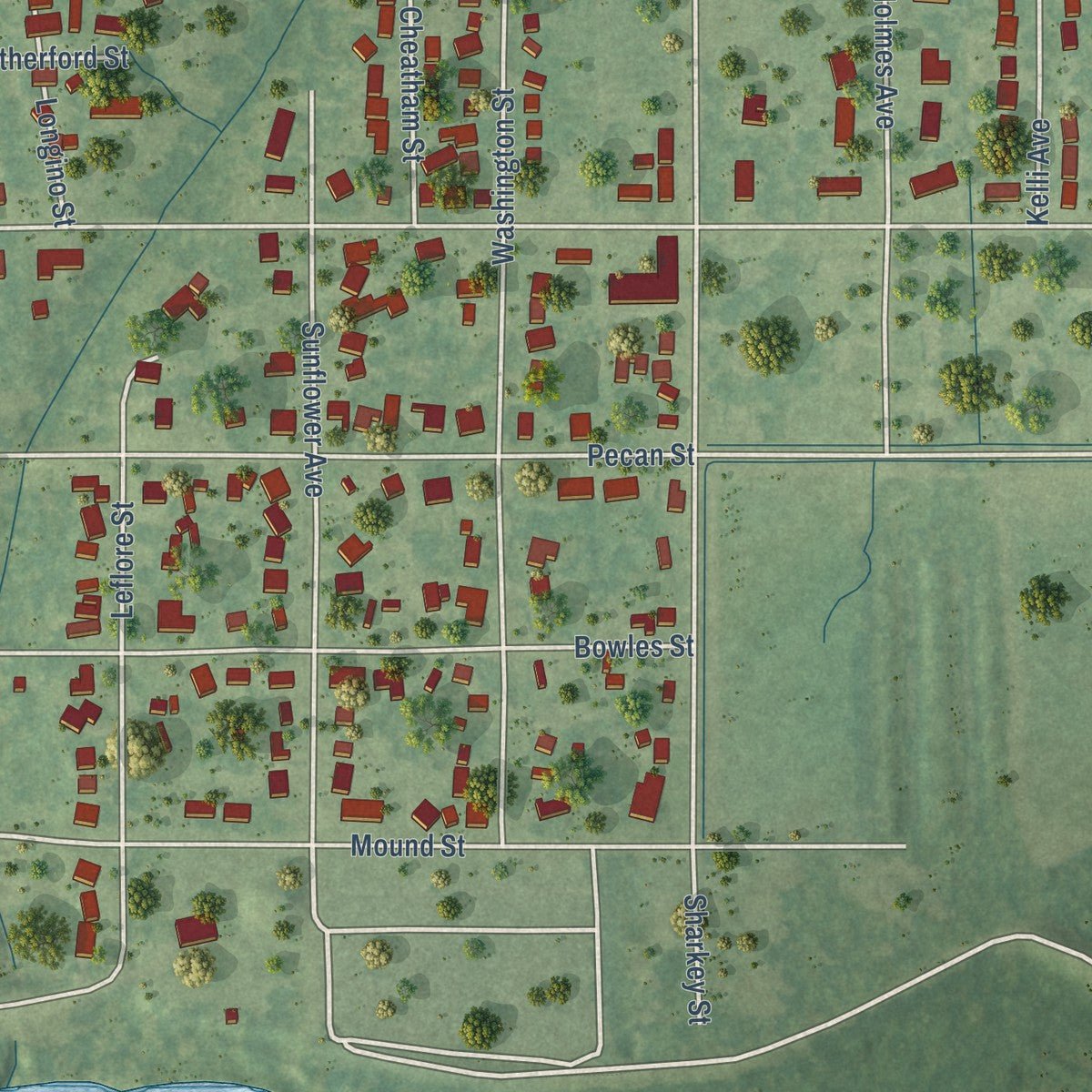 Second close-up of the map of Belzoni, Mississippi print showing more streets and buildings