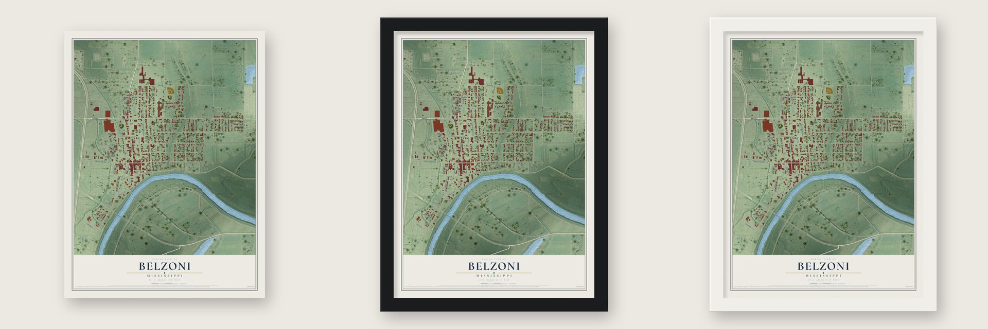 Belzoni, Mississippi map unframed, in a black wood frame and in a white wood frame