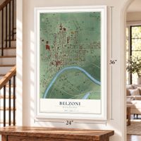 Belzoni, Mississippi map, 24 x 36 inch print in a white frame by a staircase