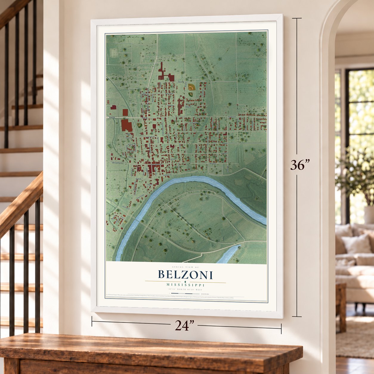 Belzoni, Mississippi map, 24 x 36 inch print in a white frame by a staircase