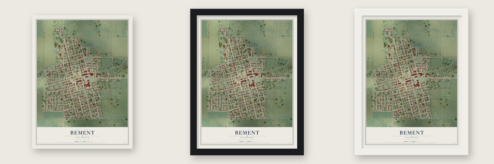 Bement, Illinois map unframed, in a black wood frame and in a white wood frame