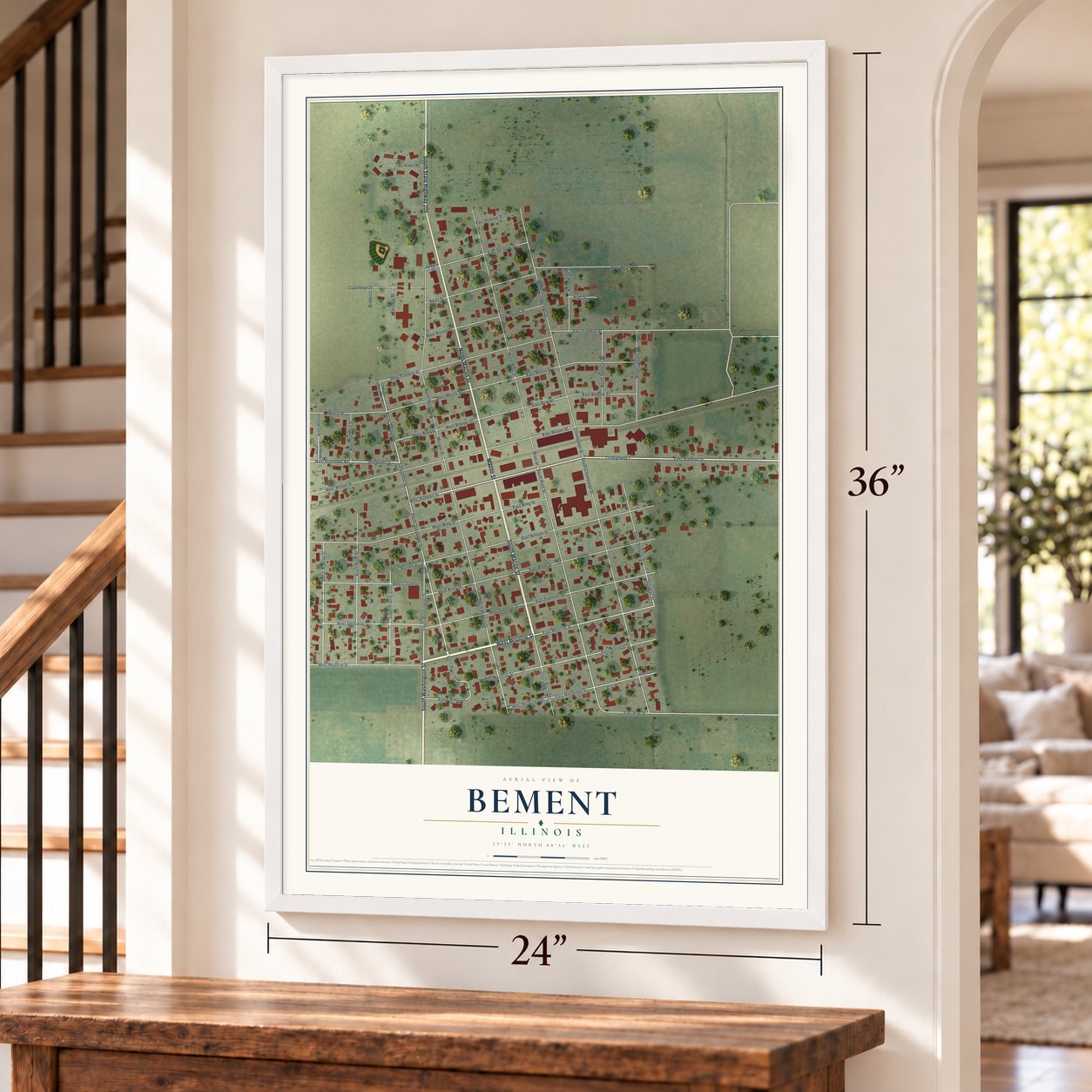 Bement, Illinois map, 24 x 36 inch print in a white frame by a staircase