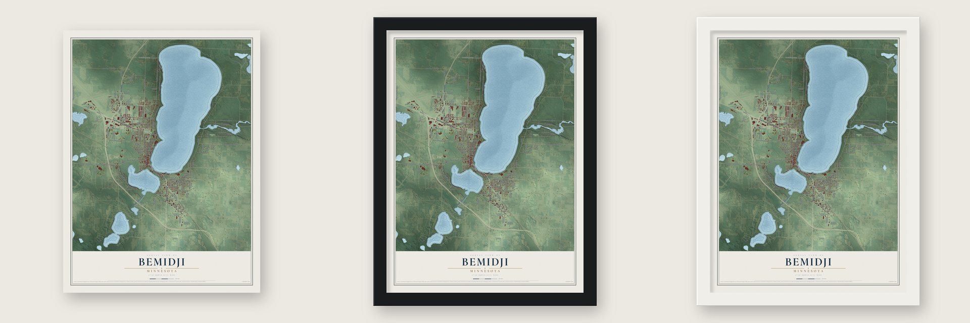 Bemidji, Minnesota map unframed, in a black wood frame and in a white wood frame