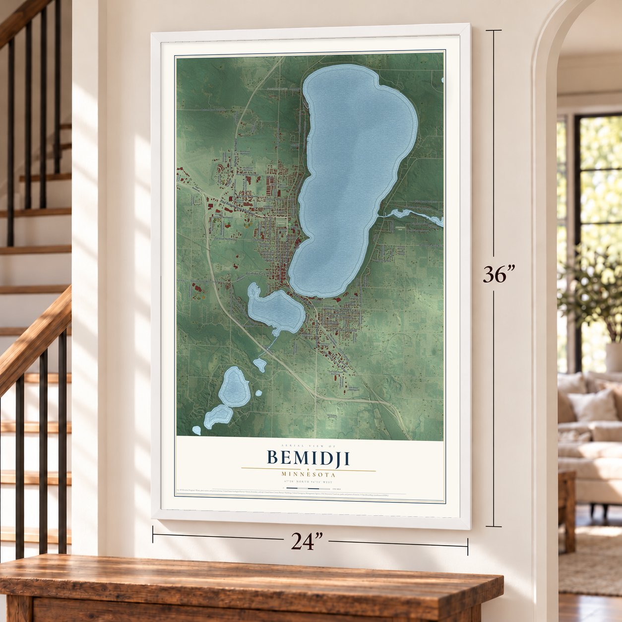 Bemidji, Minnesota map, 24 x 36 inch print in a white frame by a staircase