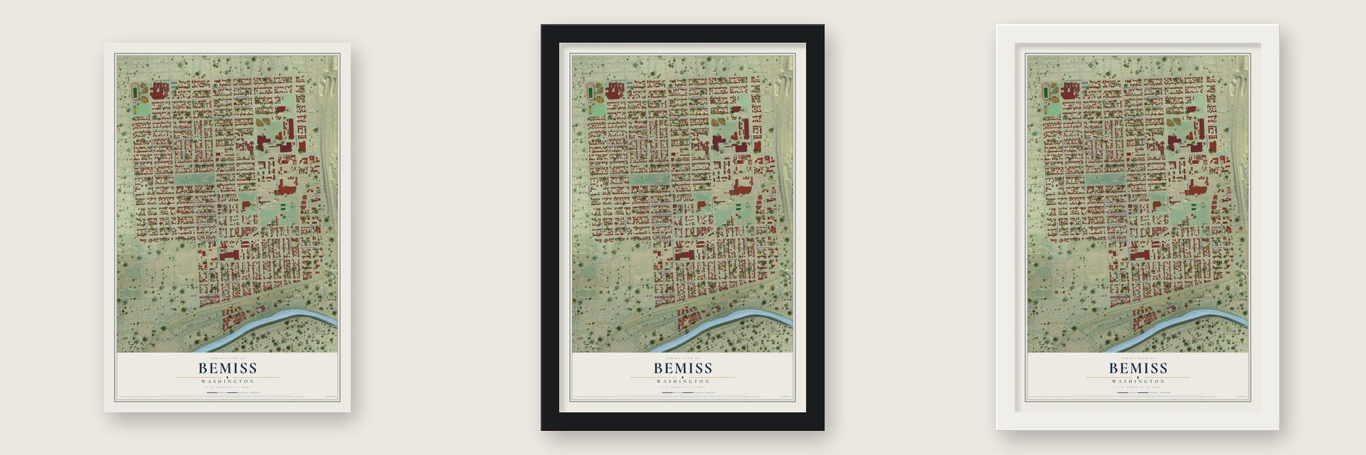 Bemiss, Washington map unframed, in a black wood frame and in a white wood frame