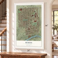 Bemiss, Washington map, 24 x 36 inch print in a white frame by a staircase