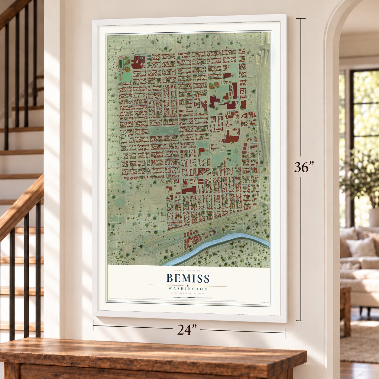 Bemiss, Washington map, 24 x 36 inch print in a white frame by a staircase