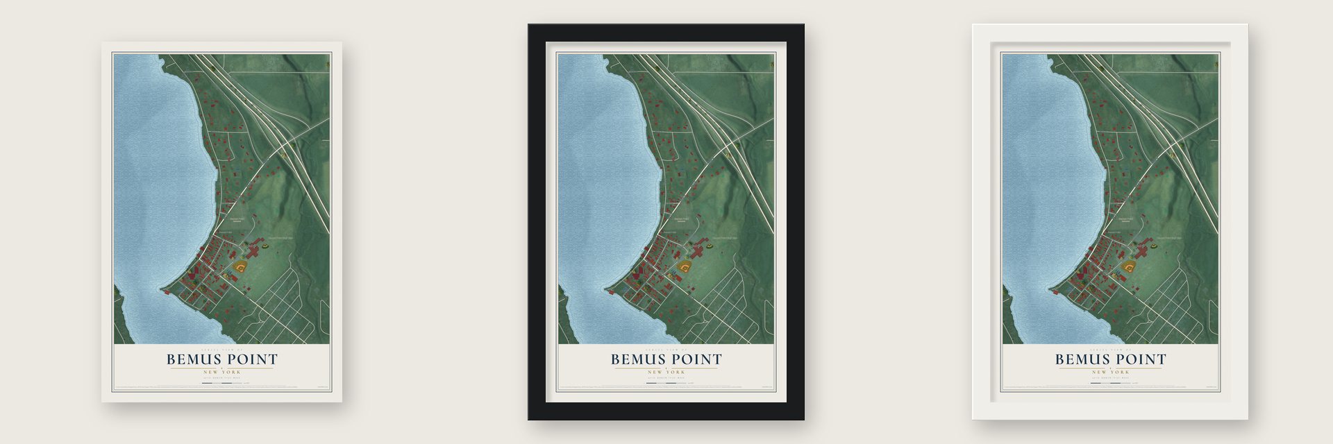 Bemus Point, New York map unframed, in a black wood frame and in a white wood frame