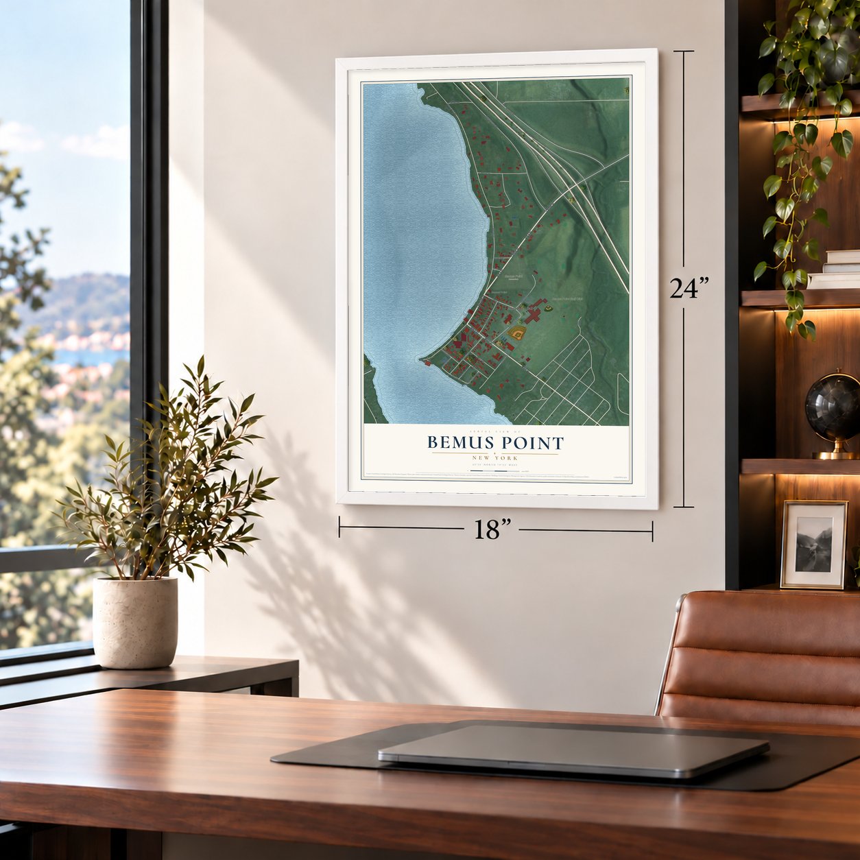 Bemus Point, New York map, 18 x 24 inch print in a white frame in a home office