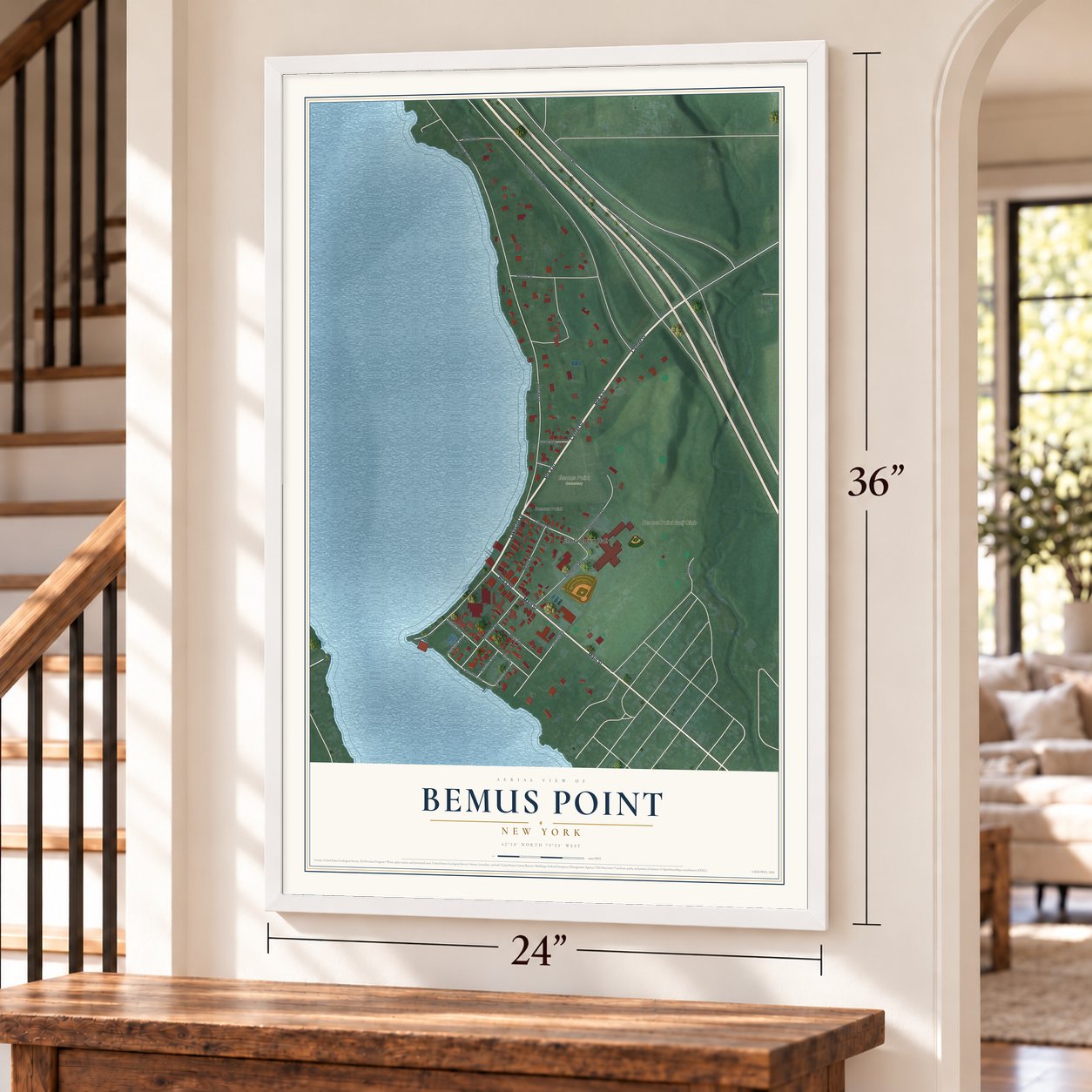 Bemus Point, New York map, 24 x 36 inch print in a white frame by a staircase