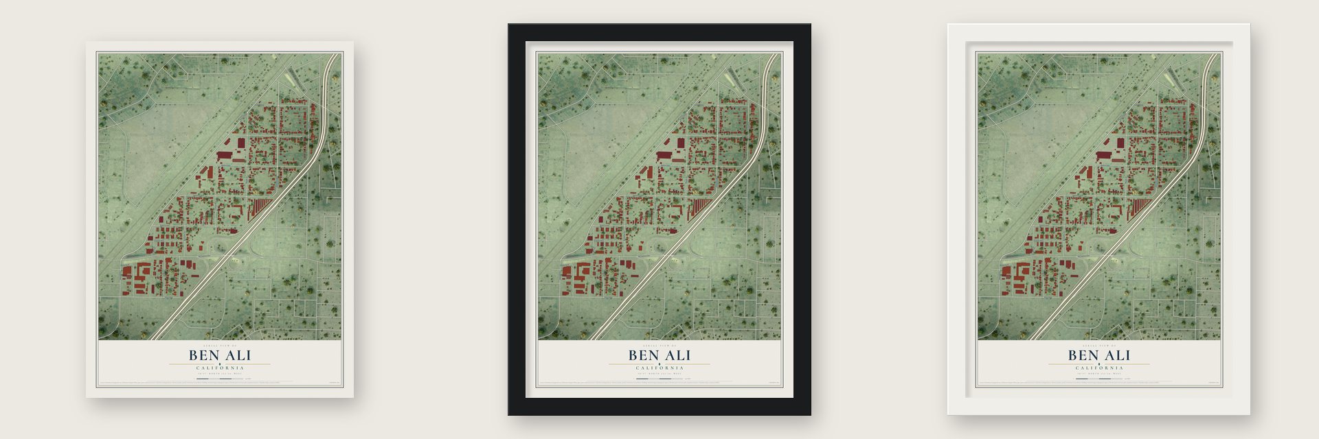 Ben Ali, California map unframed, in a black wood frame and in a white wood frame