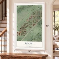Ben Ali, California map, 24 x 36 inch print in a white frame by a staircase
