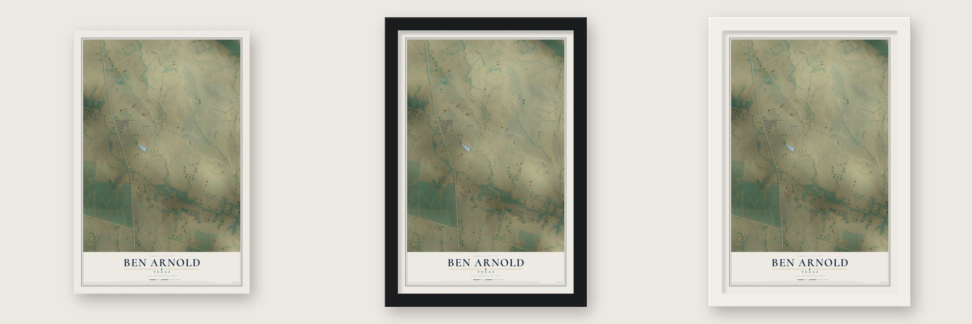 Ben Arnold, Texas map unframed, in a black wood frame and in a white wood frame
