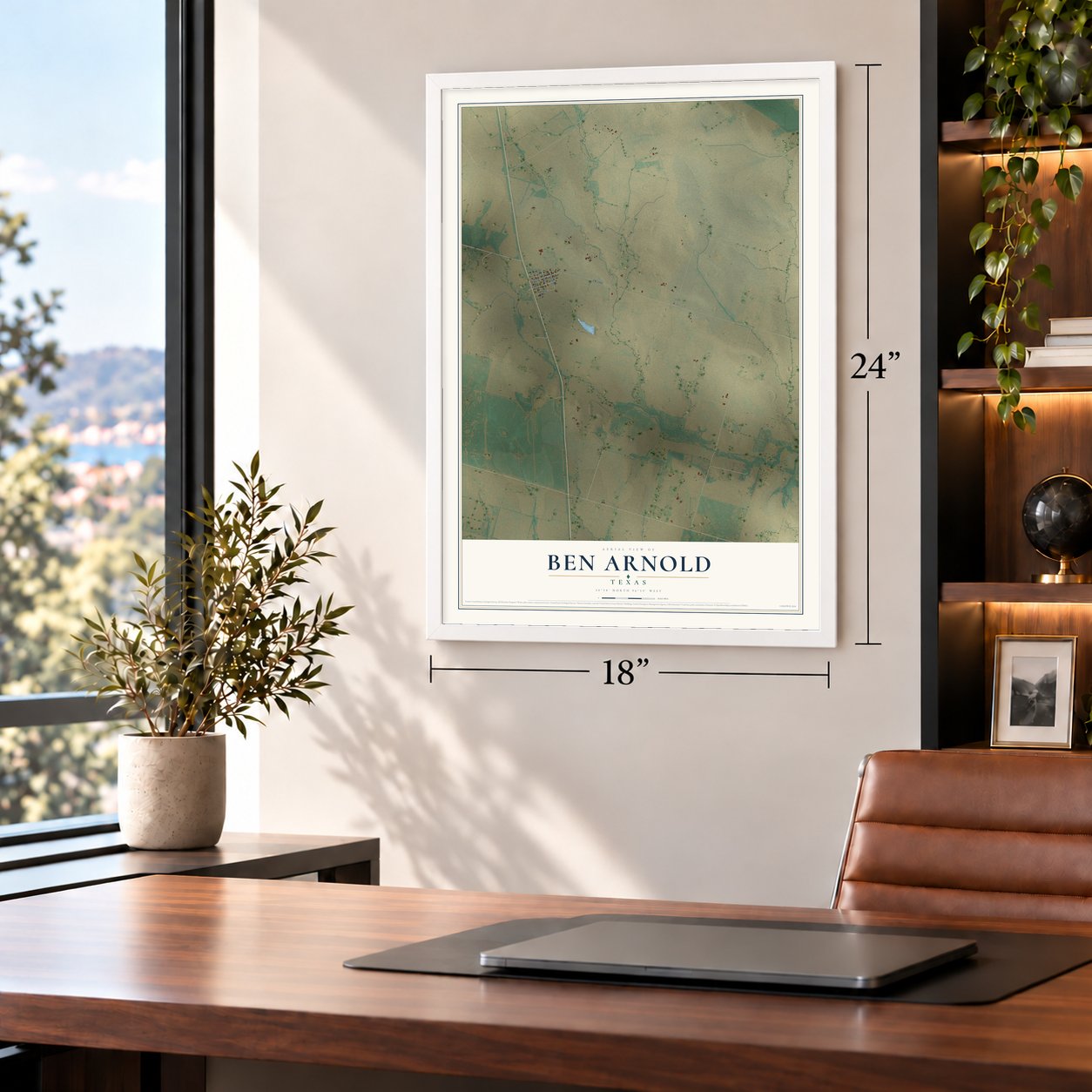 Ben Arnold, Texas map, 18 x 24 inch print in a white frame in a home office