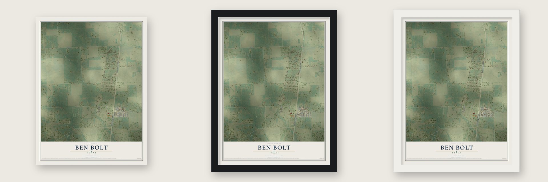 Ben Bolt, Texas map unframed, in a black wood frame and in a white wood frame