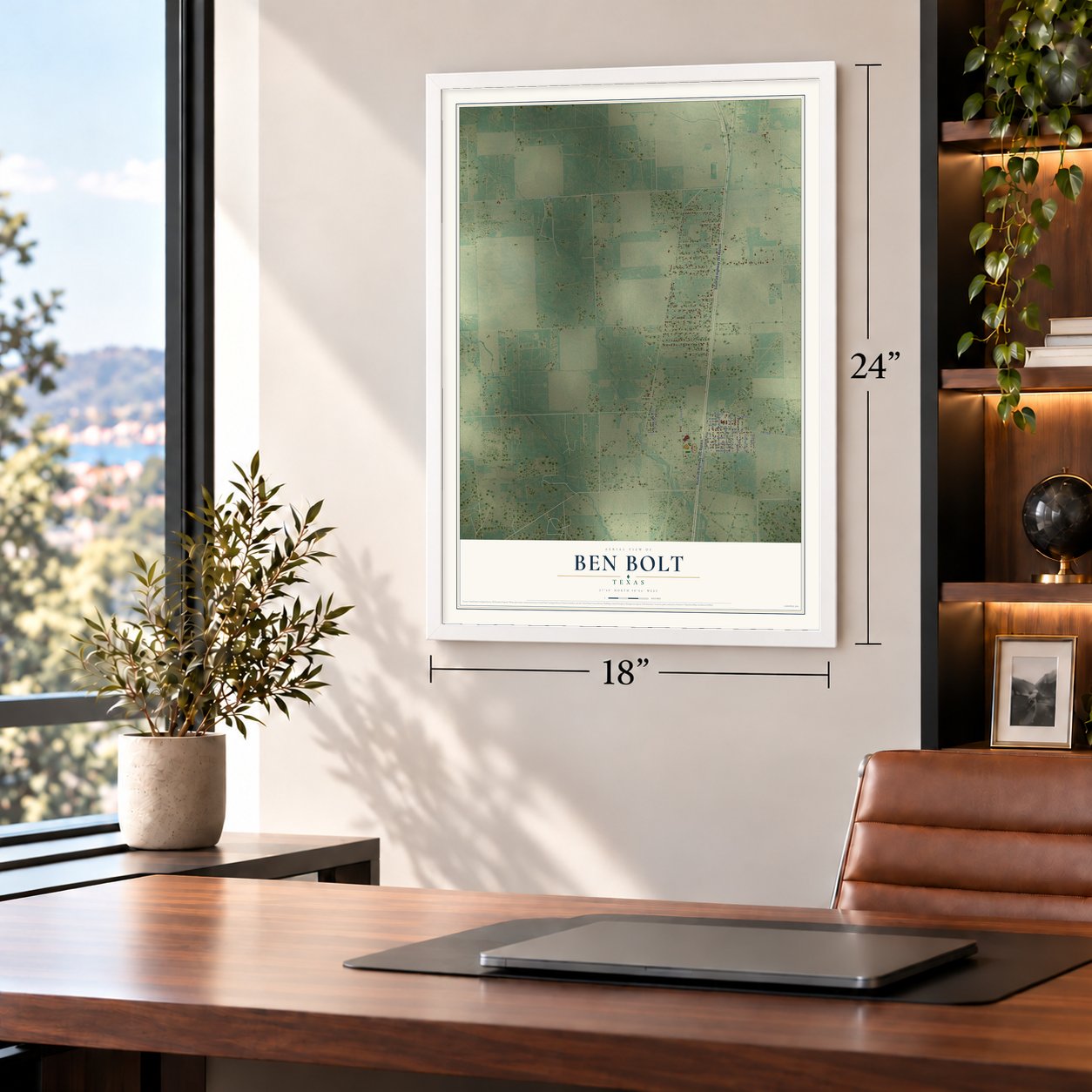 Ben Bolt, Texas map, 18 x 24 inch print in a white frame in a home office