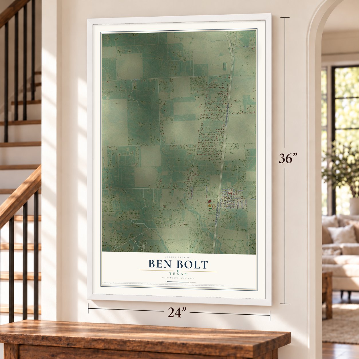 Ben Bolt, Texas map, 24 x 36 inch print in a white frame by a staircase