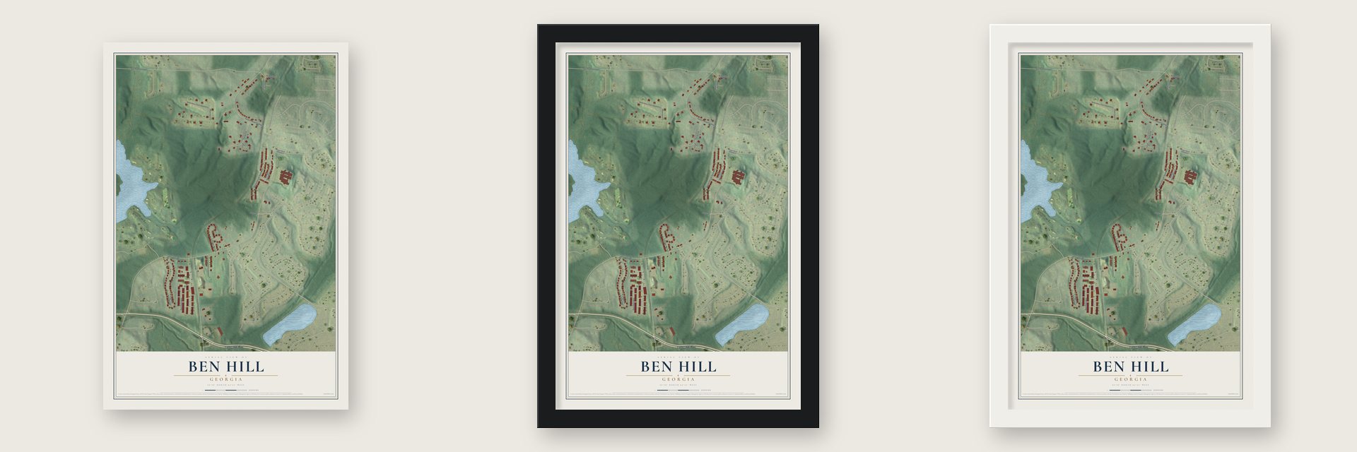 Ben Hill, Georgia map unframed, in a black wood frame and in a white wood frame