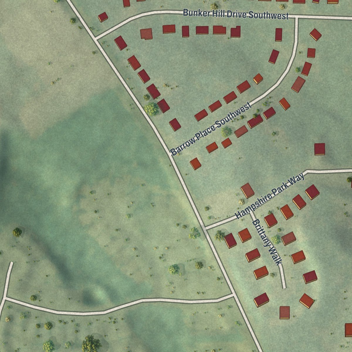 Second close-up of the map of Ben Hill Pines, Georgia print showing more streets and buildings