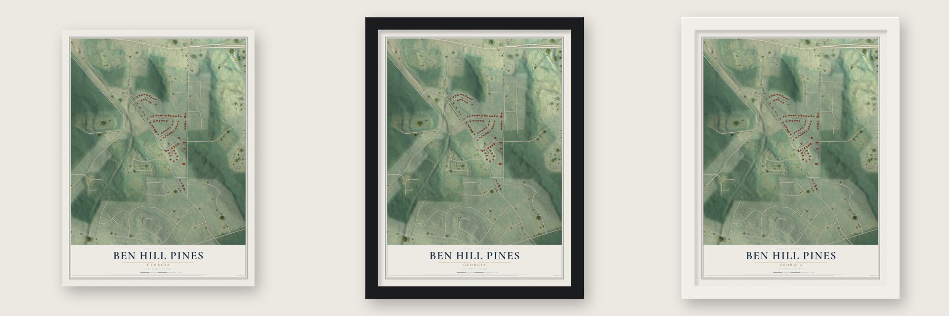 Ben Hill Pines, Georgia map unframed, in a black wood frame and in a white wood frame